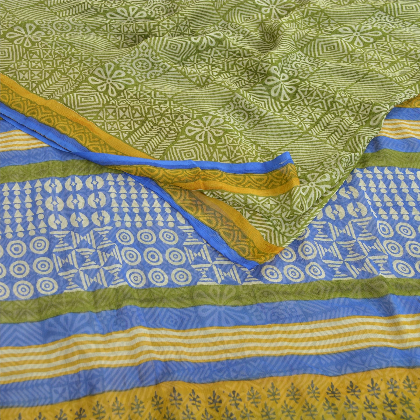 Sanskriti Vintage Blend Chiffon Green Printed Sarees 5Yd Craft Fabric Recycled For Quilting Felting, Home Decor upholstery fabric