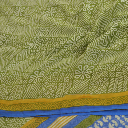 Sanskriti Vintage Blend Chiffon Green Printed Sarees 5Yd Craft Fabric Recycled For Quilting Felting, Home Decor upholstery fabric