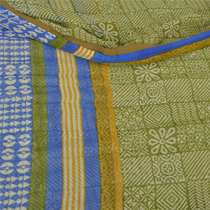 Sanskriti Vintage Blend Chiffon Green Printed Sarees 5Yd Craft Fabric Recycled For Quilting Felting, Home Decor upholstery fabric