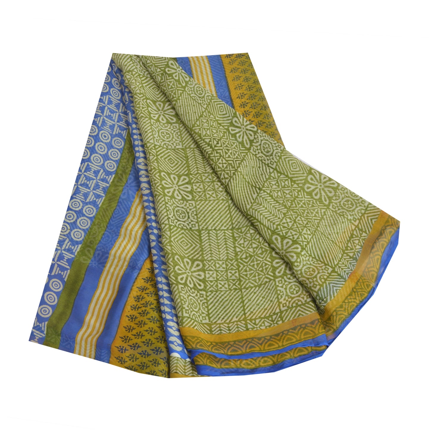 Sanskriti Vintage Blend Chiffon Green Printed Sarees 5Yd Craft Fabric Recycled For Quilting Felting, Home Decor upholstery fabric