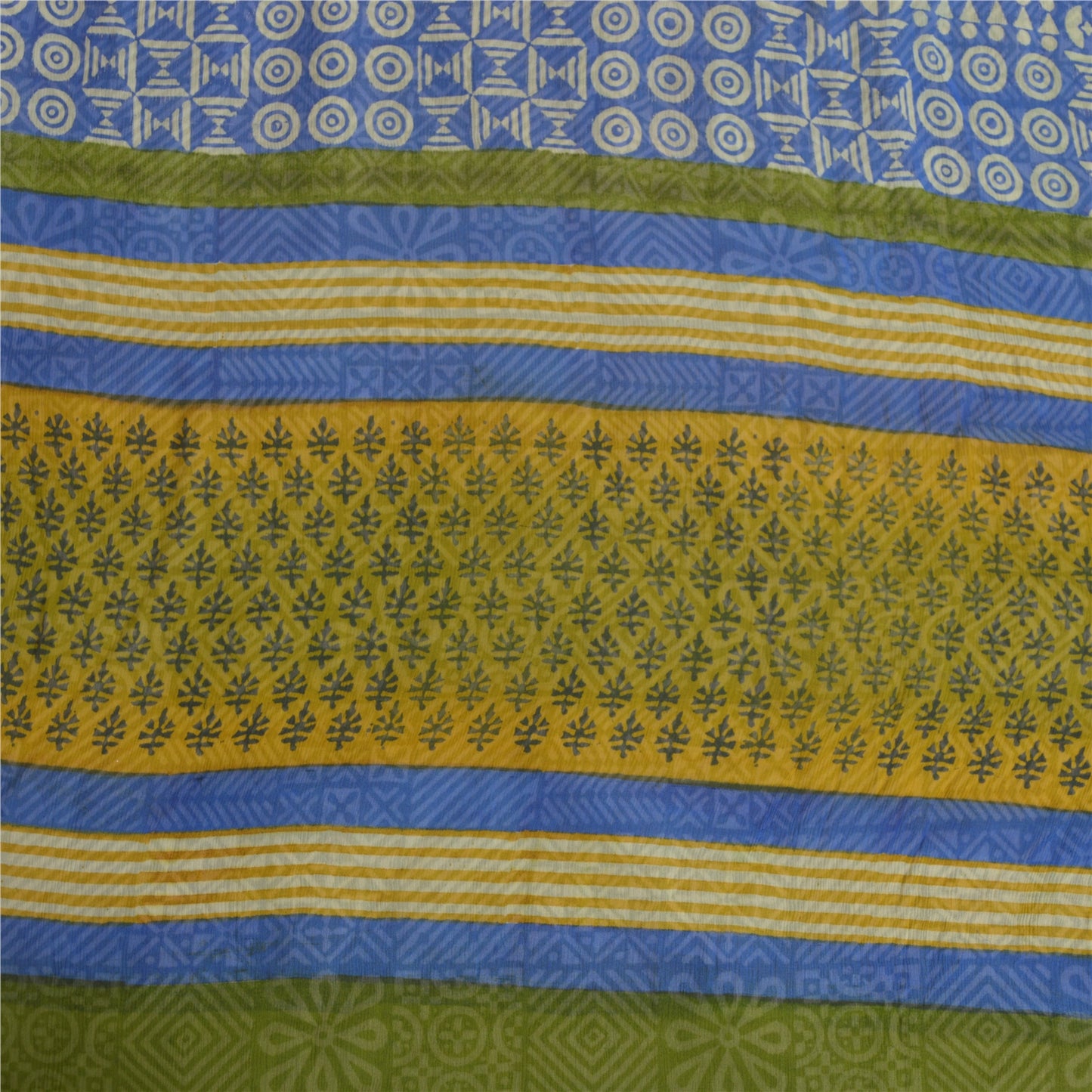 Sanskriti Vintage Blend Chiffon Green Printed Sarees 5Yd Craft Fabric Recycled For Quilting Felting, Home Decor upholstery fabric