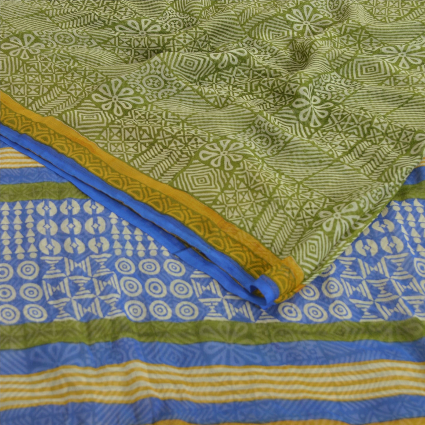 Sanskriti Vintage Blend Chiffon Green Printed Sarees 5Yd Craft Fabric Recycled For Quilting Felting, Home Decor upholstery fabric