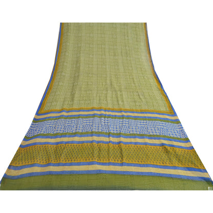 Sanskriti Vintage Blend Chiffon Green Printed Sarees 5Yd Craft Fabric Recycled For Quilting Felting, Home Decor upholstery fabric