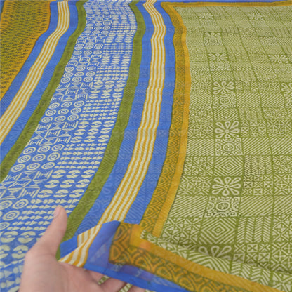 Sanskriti Vintage Blend Chiffon Green Printed Sarees 5Yd Craft Fabric Recycled For Quilting Felting, Home Decor upholstery fabric