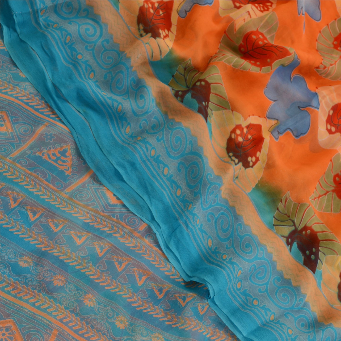 Sanskriti Vintage Orange Sarees Blend Georgette Printed Sari 5yd Craft Sustainable Fabric