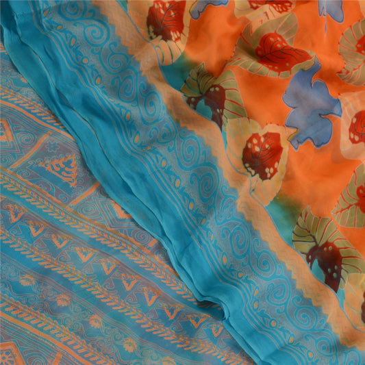 Sanskriti Vintage Orange Sarier Blend Georgette Trykt Sari 5yd Håndværk Bæredygtigt Stoff