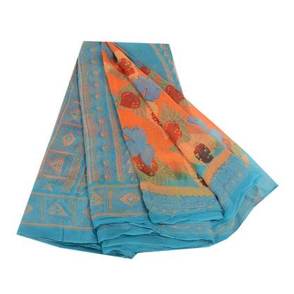 Sanskriti Vintage Orange Sarees Blend Georgette Printed Sari 5yd Craft Sustainable Fabric