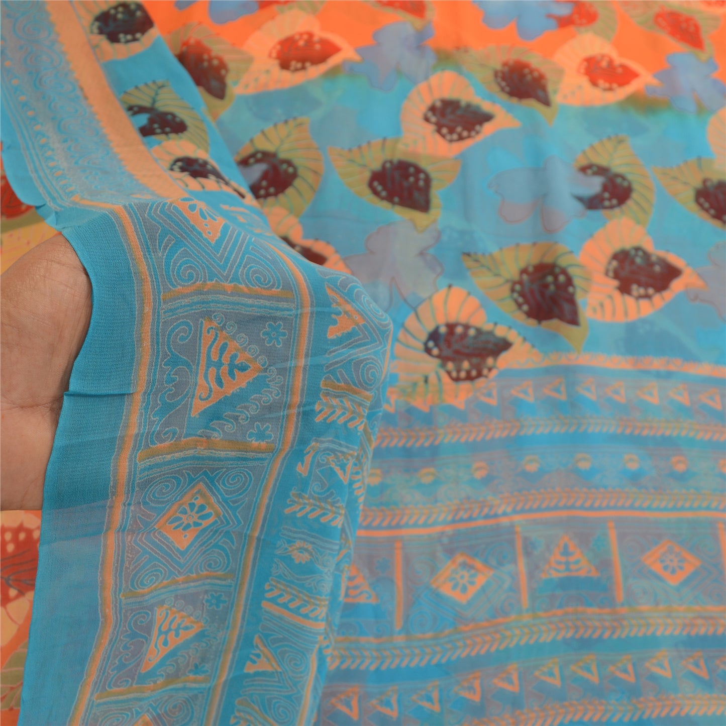 Sanskriti Vintage Orange Sarees Blend Georgette Printed Sari 5yd Craft Sustainable Fabric