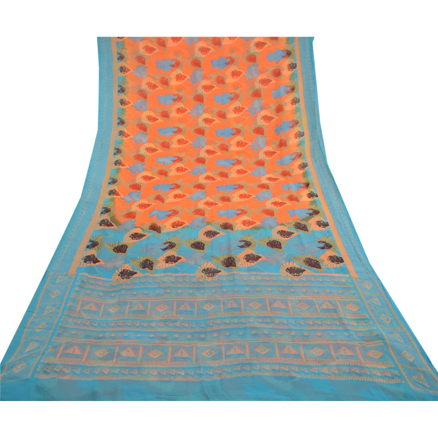 Sanskriti Vintage Orange Sarees Blend Georgette Printed Sari 5yd Craft Sustainable Fabric