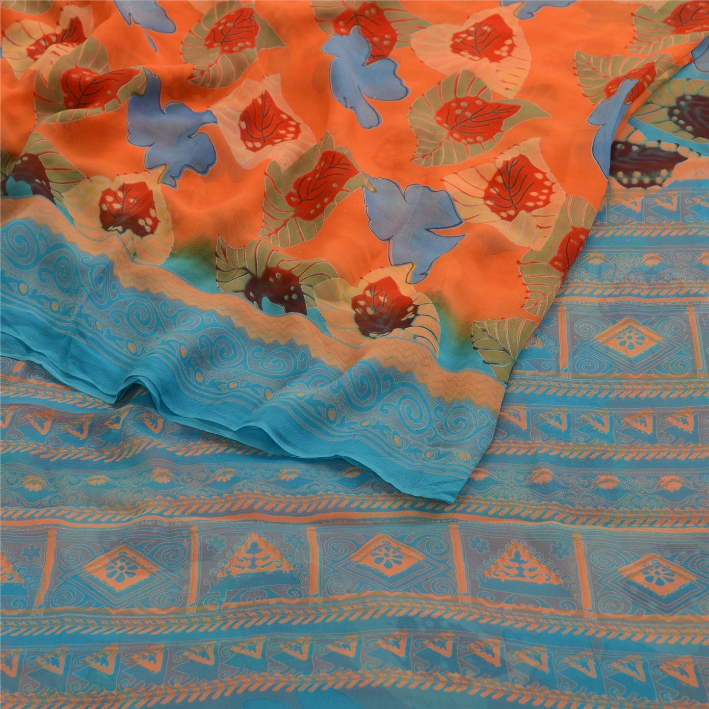 Sanskriti Vintage Orange Sarees Blend Georgette Printed Sari 5yd Craft Sustainable Fabric