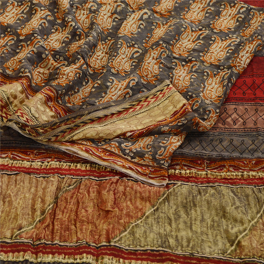 Sanskriti Vintage Gray Printed Sarees Pure Georgette Silk Sari 5yd Craft Sustainable Fabric