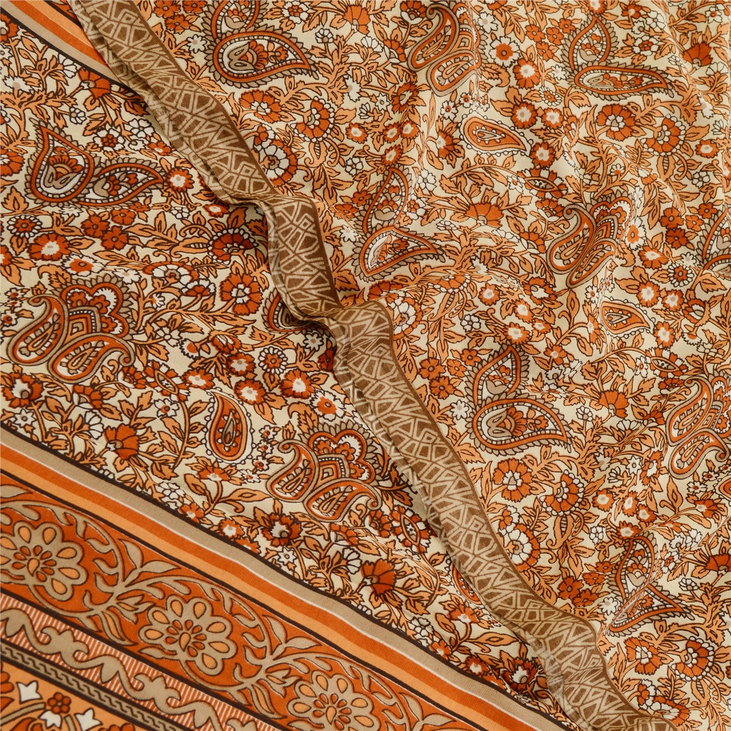 Sanskriti Vintage Sari Georgette Orange Indian Printed Sarees 5 Yd Soft Craft Fabric Create-Floral Dresses, Kaftans, Skirts, Tops