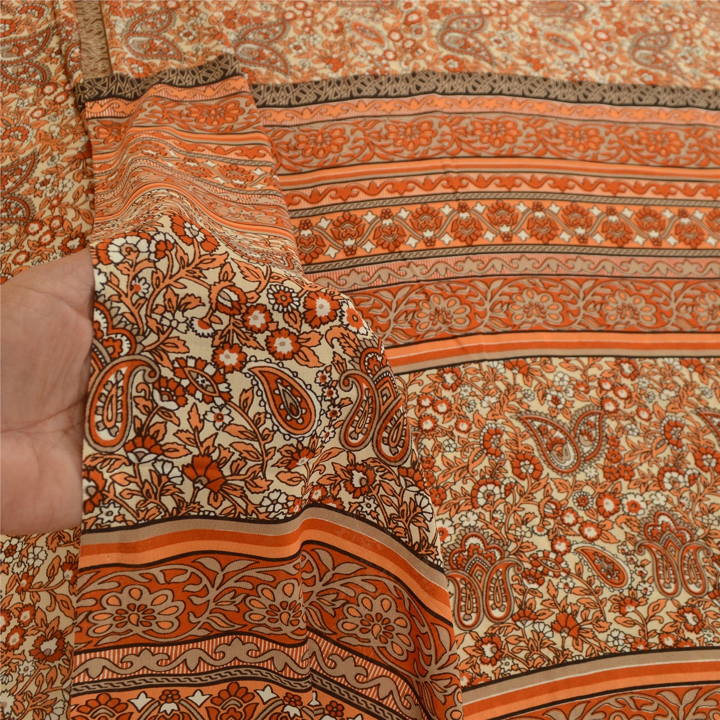 Sanskriti Vintage Sari Georgette Orange Indian Printed Sarees 5 Yd Soft Craft Fabric Create-Floral Dresses, Kaftans, Skirts, Tops