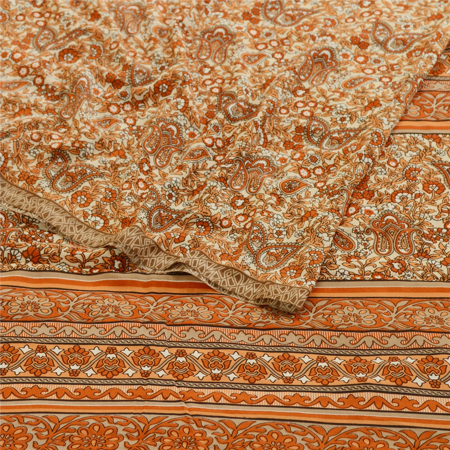 Sanskriti Vintage Sari Georgette Orange Indian Printed Sarees 5 Yd Soft Craft Fabric Create-Floral Dresses, Kaftans, Skirts, Tops