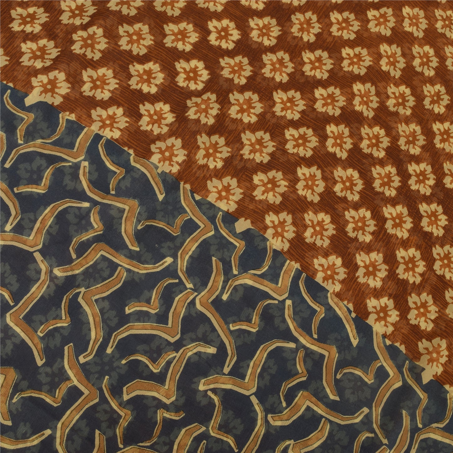 Sanskriti Vintage Floral Printed Georgette Silk Saree - Rusty Orange & Grey Fabric by Indian Heritage Textile Craft Supplies Material
