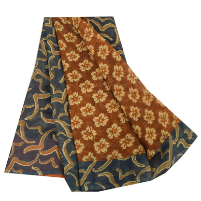 Sanskriti Vintage Floral Printed Georgette Silk Saree - Rusty Orange & Grey Fabric by Indian Heritage Textile Craft Supplies Material