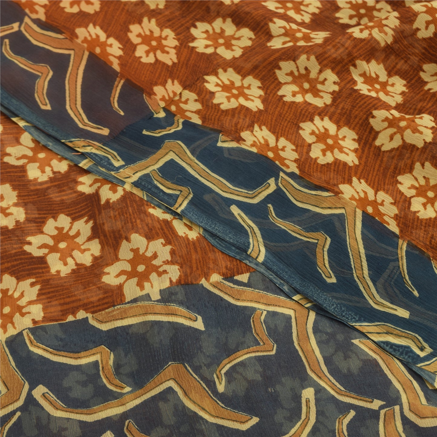 Sanskriti Vintage Floral Printed Georgette Silk Saree - Rusty Orange & Grey Fabric by Indian Heritage Textile Craft Supplies Material