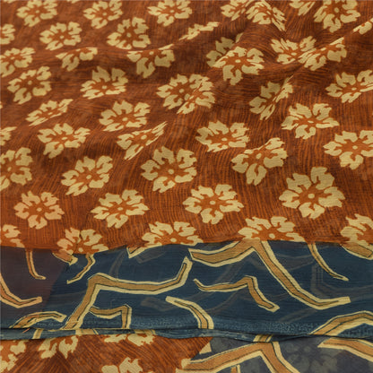 Sanskriti Vintage Floral Printed Georgette Silk Saree - Rusty Orange & Grey Fabric by Indian Heritage Textile Craft Supplies Material