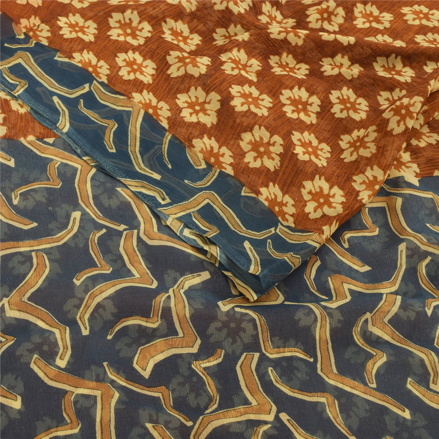 Sanskriti Vintage Floral Printed Georgette Silk Saree - Rusty Orange & Grey Fabric by Indian Heritage Textile Craft Supplies Material