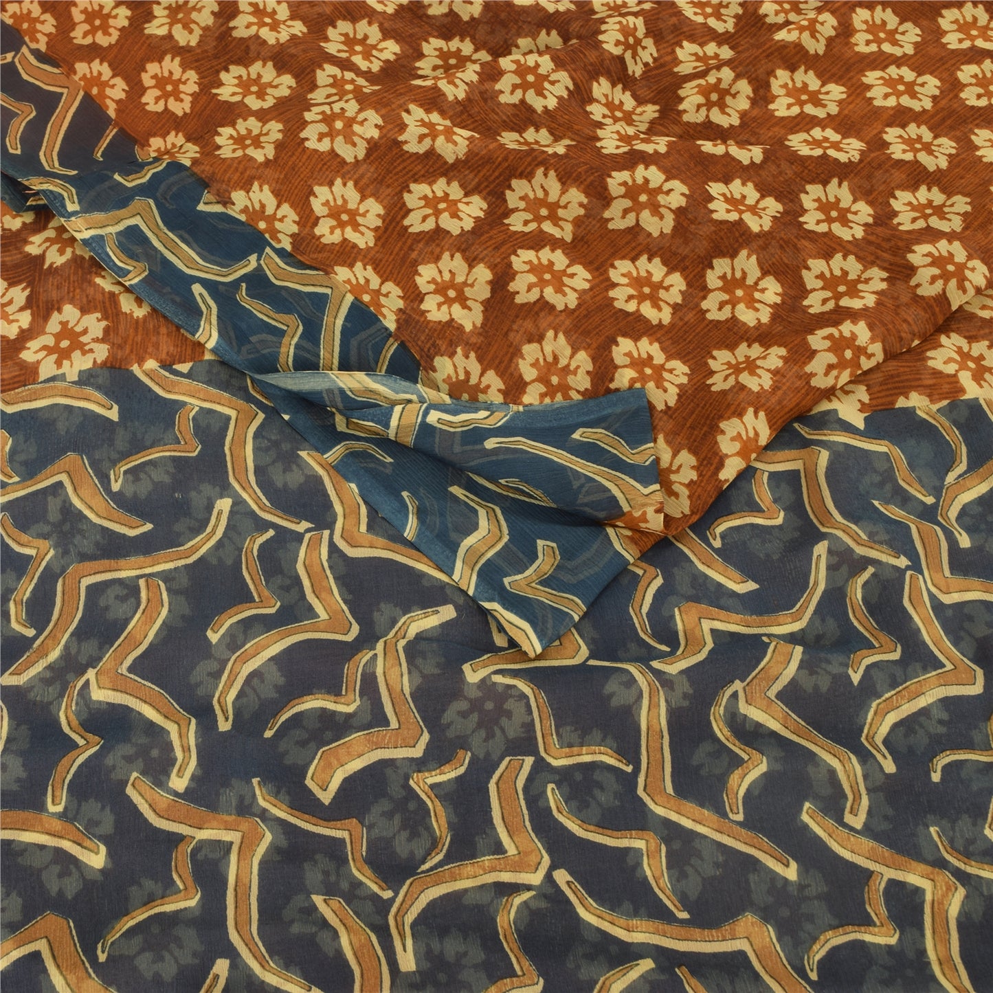 Sanskriti Vintage Floral Printed Georgette Silk Saree - Rusty Orange & Grey Fabric by Indian Heritage Textile Craft Supplies Material