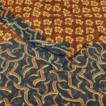 Sanskriti Vintage Floral Printed Georgette Silk Saree - Rusty Orange & Grey Fabric by Indian Heritage Textile Craft Supplies Material