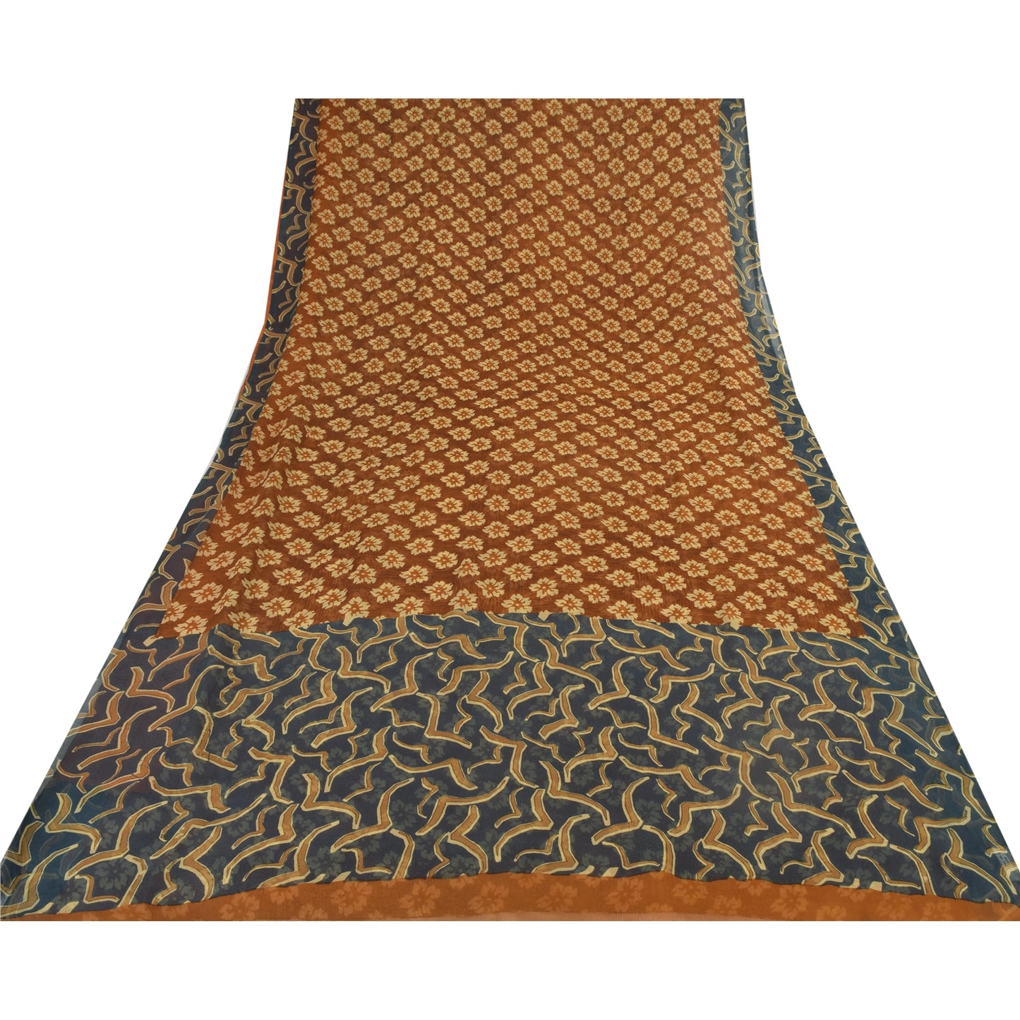 Sanskriti Vintage Floral Printed Georgette Silk Saree - Rusty Orange & Grey Fabric by Indian Heritage Textile Craft Supplies Material