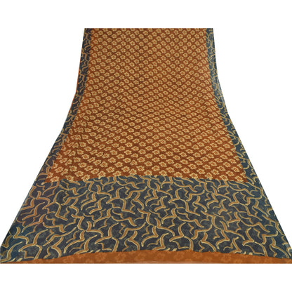 Sanskriti Vintage Floral Printed Georgette Silk Saree - Rusty Orange & Grey Fabric by Indian Heritage Textile Craft Supplies Material