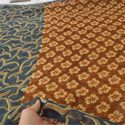 Sanskriti Vintage Floral Printed Georgette Silk Saree - Rusty Orange & Grey Fabric by Indian Heritage Textile Craft Supplies Material