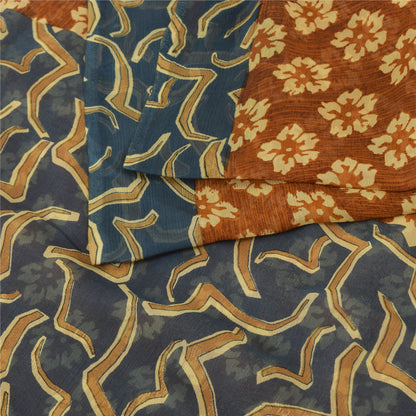 Sanskriti Vintage Floral Printed Georgette Silk Saree - Rusty Orange & Grey Fabric by Indian Heritage Textile Craft Supplies Material