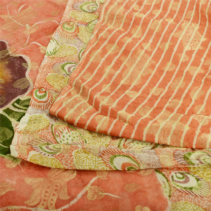 Sanskriti Vintage Sari Pure Georgette Silk Red Printed Woven Saree 5Yd Craft Fabric Floral Recycled For Quilting Felting, Home Decor
