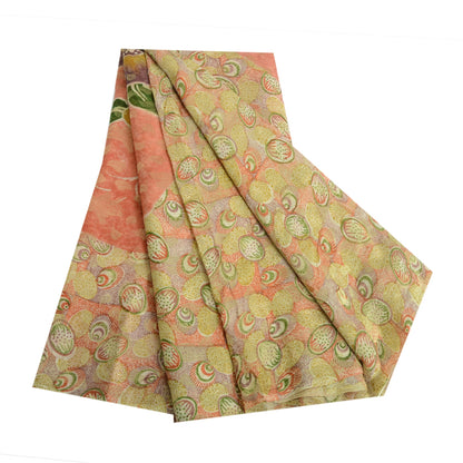 Sanskriti Vintage Sari Pure Georgette Silk Red Printed Woven Saree 5Yd Craft Fabric Floral Recycled For Quilting Felting, Home Decor