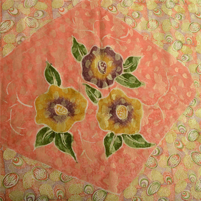 Sanskriti Vintage Sari Pure Georgette Silk Red Printed Woven Saree 5Yd Craft Fabric Floral Recycled For Quilting Felting, Home Decor