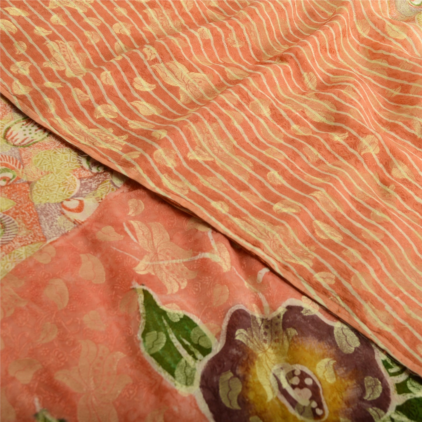 Sanskriti Vintage Sari Pure Georgette Silk Red Printed Woven Saree 5Yd Craft Fabric Floral Recycled For Quilting Felting, Home Decor