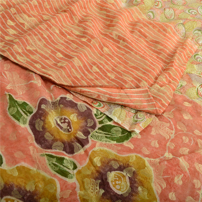 Sanskriti Vintage Sari Pure Georgette Silk Red Printed Woven Saree 5Yd Craft Fabric Floral Recycled For Quilting Felting, Home Decor