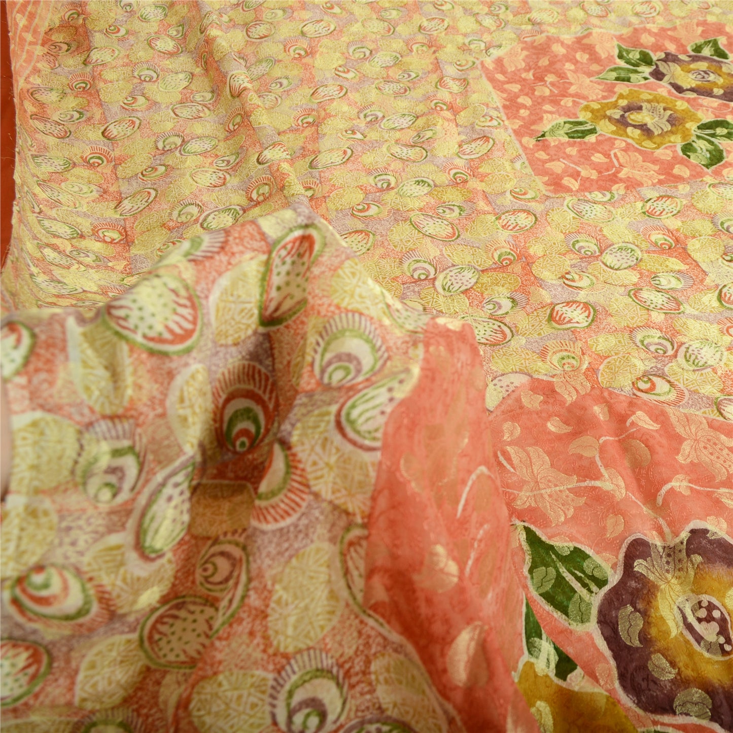 Sanskriti Vintage Sari Pure Georgette Silk Red Printed Woven Saree 5Yd Craft Fabric Floral Recycled For Quilting Felting, Home Decor