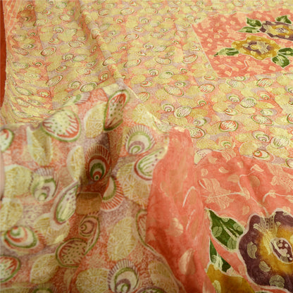 Sanskriti Vintage Sari Pure Georgette Silk Red Printed Woven Saree 5Yd Craft Fabric Floral Recycled For Quilting Felting, Home Decor