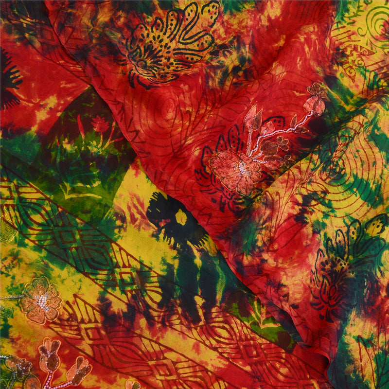 Sanskriti Vintage Red Tie-Dye Hand Beaded Sarees Pure Georgette Silk Sari Sustainable Fabric