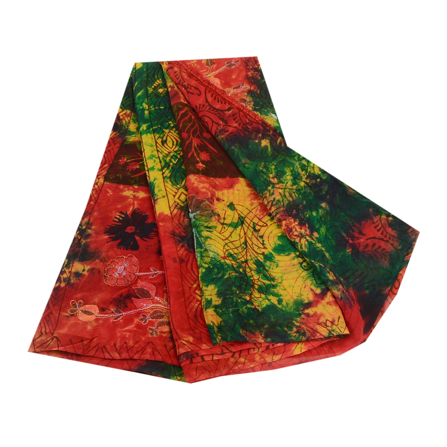 Sanskriti Vintage Red Tie-Dye Hand Beaded Sarees Pure Georgette Silk Sari Sustainable Fabric