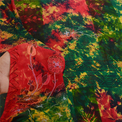 Sanskriti Vintage Red Tie-Dye Hand Beaded Sarees Pure Georgette Silk Sari Sustainable Fabric