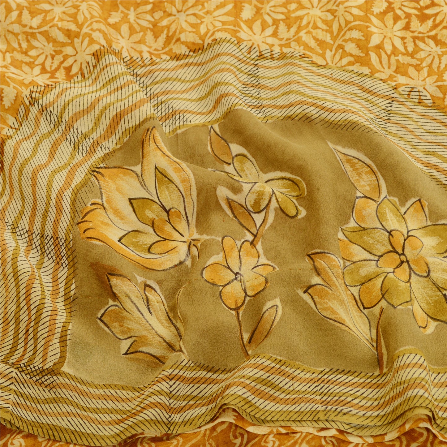 Sanskriti Vintage sennepstrykte sarier i ren georgette silke sari, bæredygtigt håndværksstof