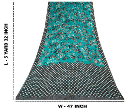Sanskriti Vintage Saree Blue Pure Georgette Floral Geometric Printed Sari Fabric
