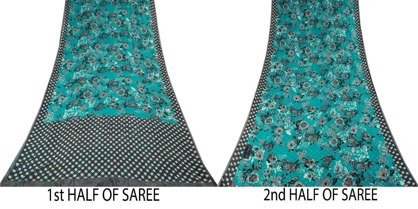 Sanskriti Vintage Saree Blue Pure Georgette Floral Geometric Printed Sari Fabric