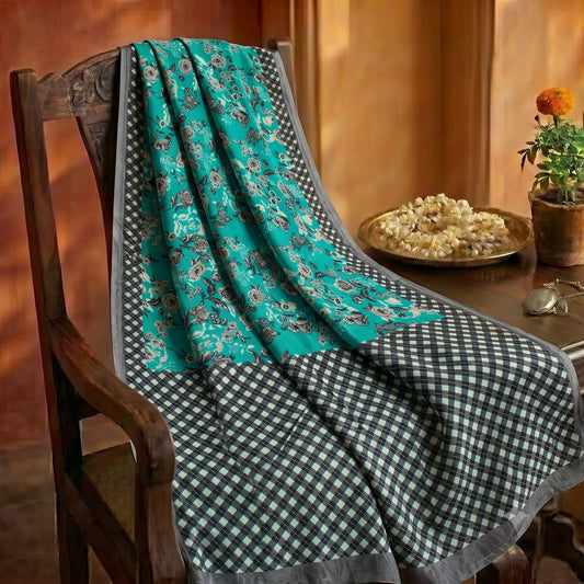 Sanskriti Vintage Saree Blue Pure Georgette Floral Geometric Printed Sari Fabric