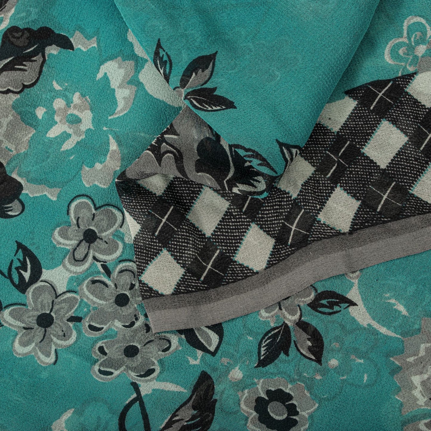 Sanskriti Vintage Saree Blue Pure Georgette Floral Geometric Printed Sari Fabric
