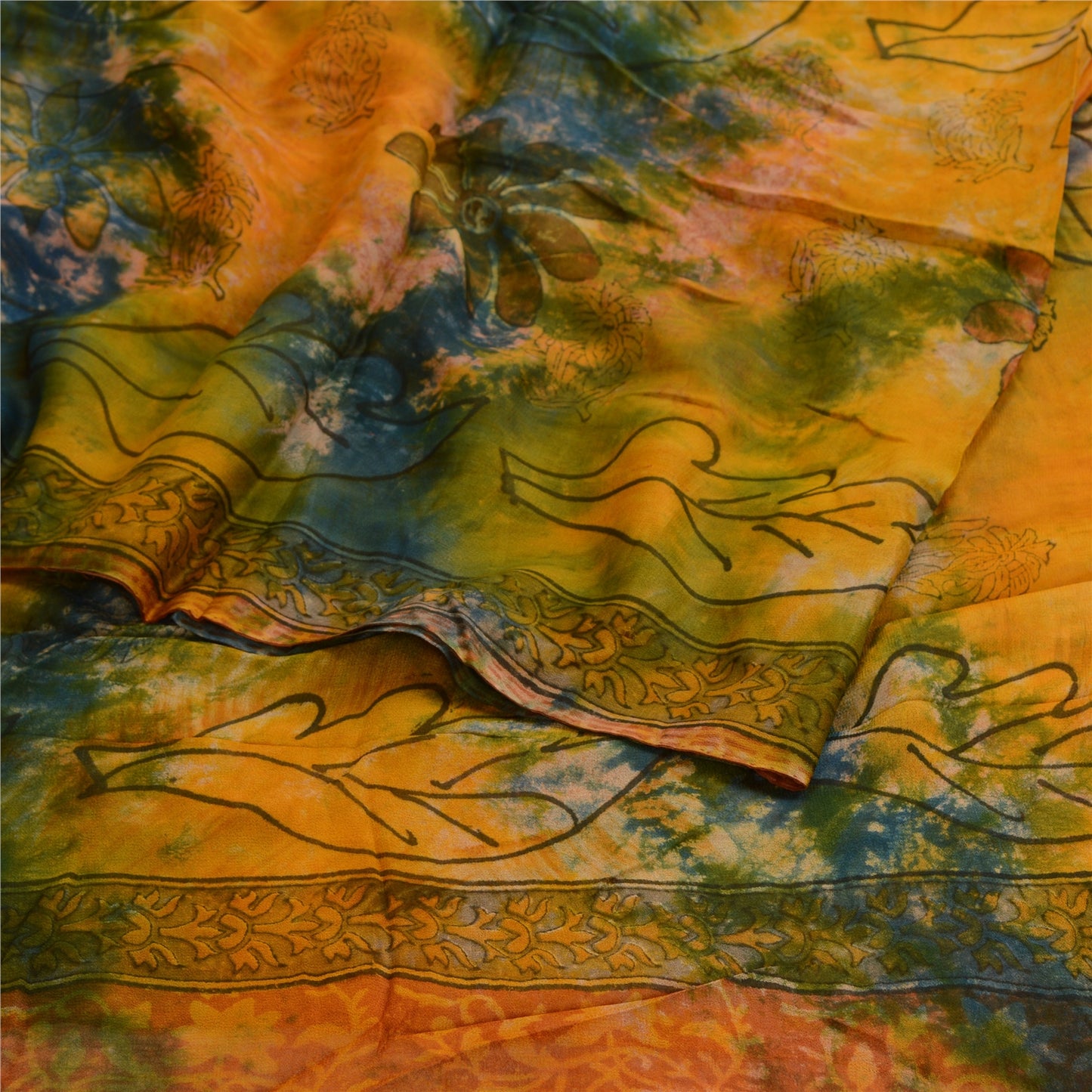 Sanskriti Vintage Saffron Tie-Dye Sarees Blend Georgette Sari Soft Craft Sustainable Fabric
