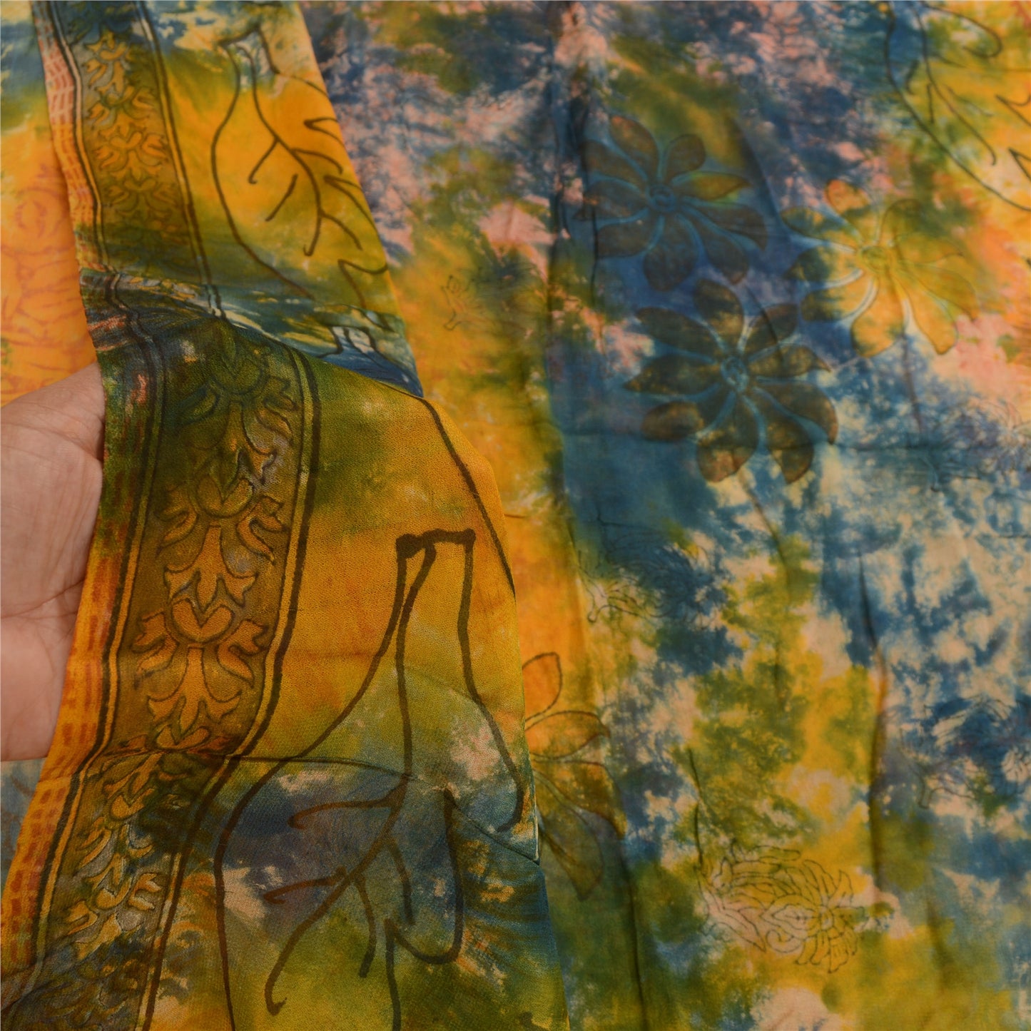 Sanskriti Vintage Saffron Tie-Dye Sarees Blend Georgette Sari Soft Craft Sustainable Fabric