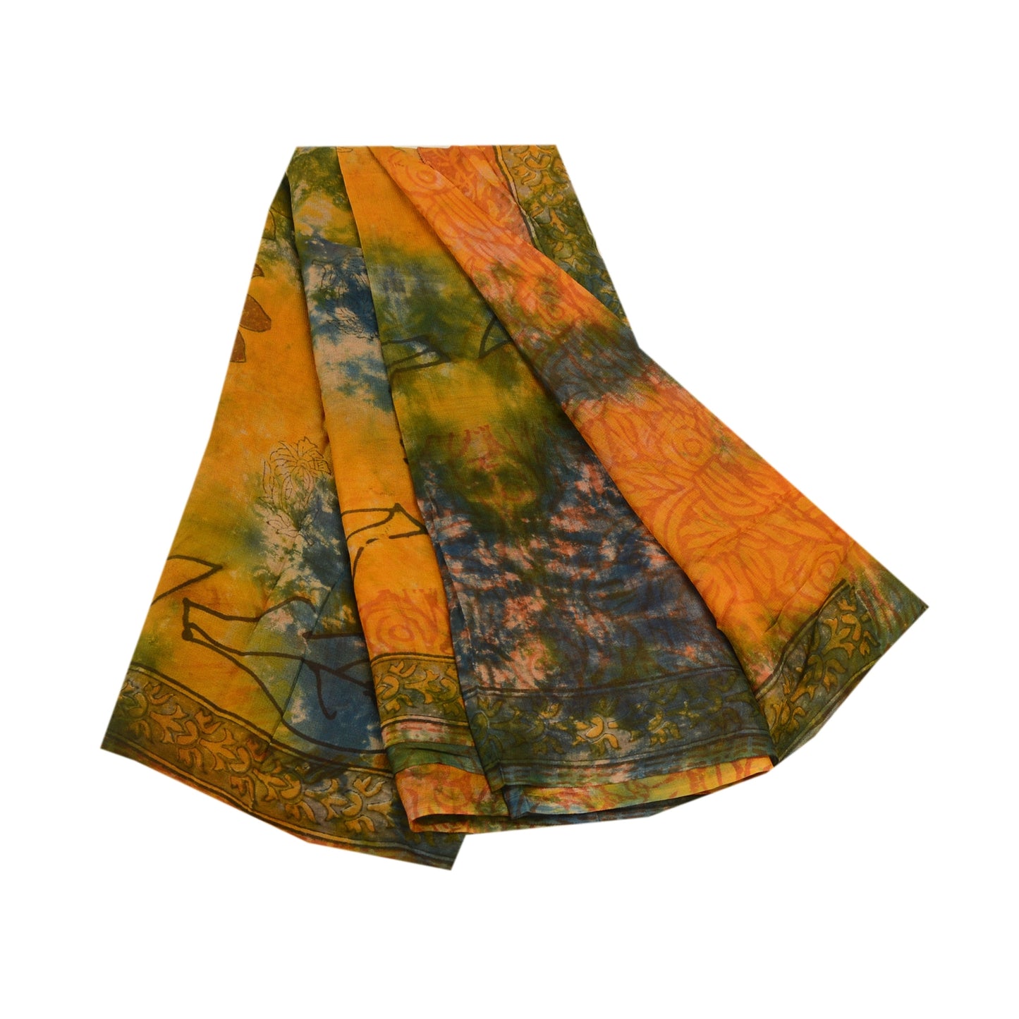 Sanskriti Vintage Saffron Tie-Dye Sarees Blend Georgette Sari Soft Craft Sustainable Fabric
