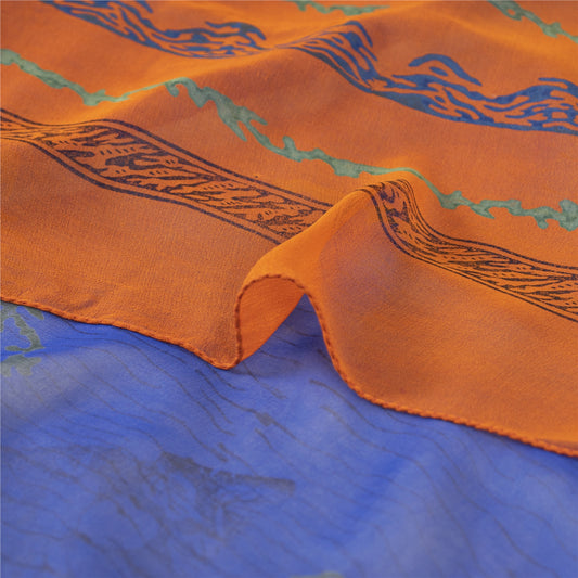 Sanskriti Vintage Blue Sarees Pure Georgette Silk Printed Sari 5yd Craft Sustainable Fabric