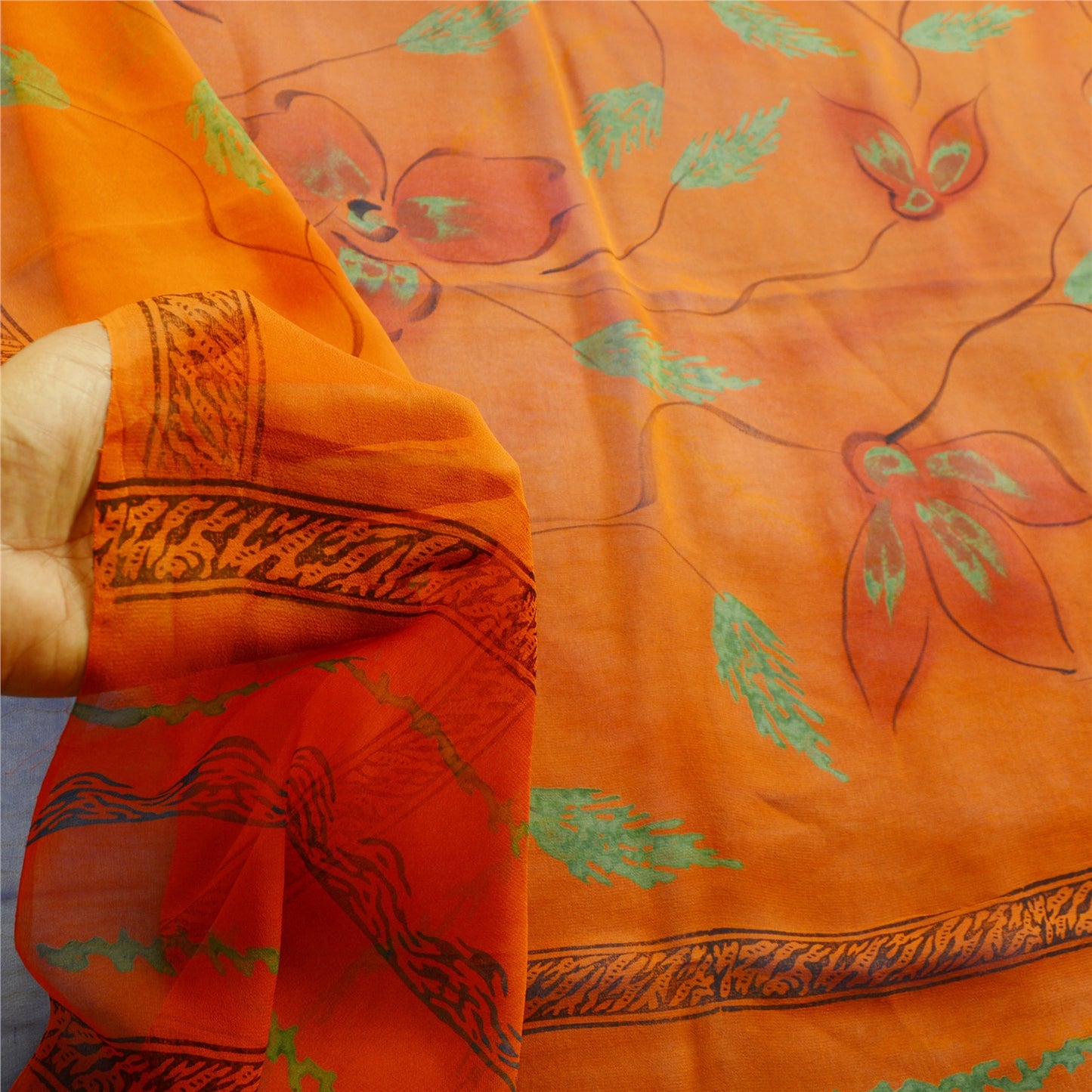 Sanskriti Vintage Blå Sarier Ren Georgette Silke Trykt Sari 5yd Håndværk Bæredygtigt Stoff