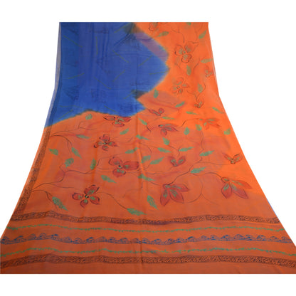 Sanskriti Vintage Blå Sarier Ren Georgette Silke Trykt Sari 5yd Håndværk Bæredygtigt Stoff